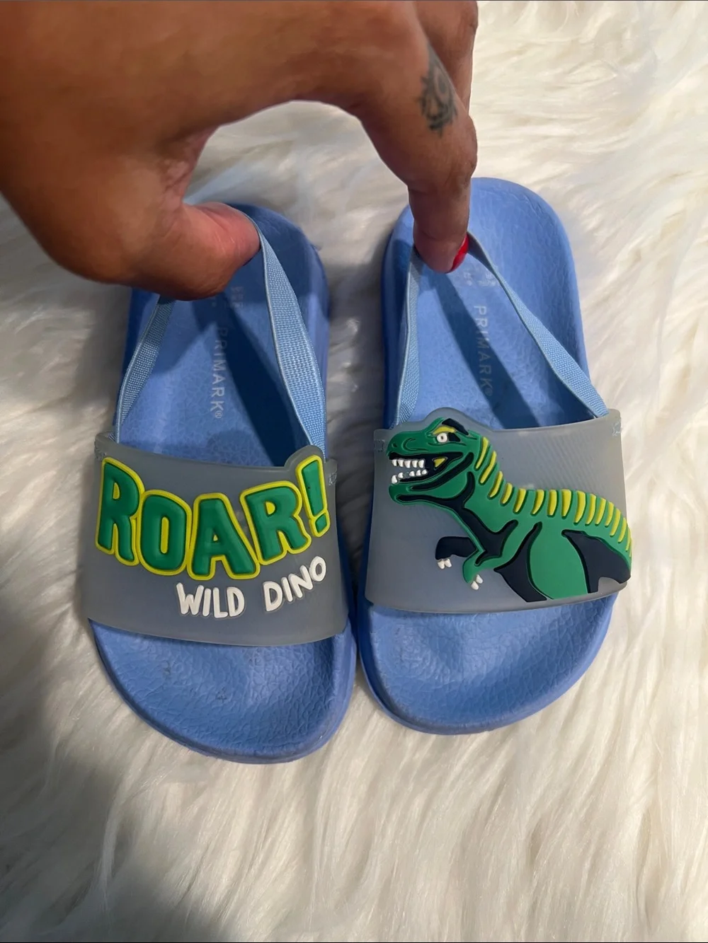 5/$35 2 used pair of Blue Dino Kids Slide Sandals - one is a size 7 & other 5/6